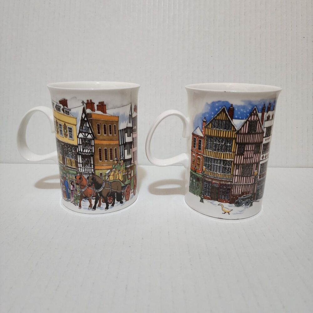 (2) Dunoon Bone China Mugs England Sue Scullard Christmas Time Carriage & Geese - Picture 3 of 7